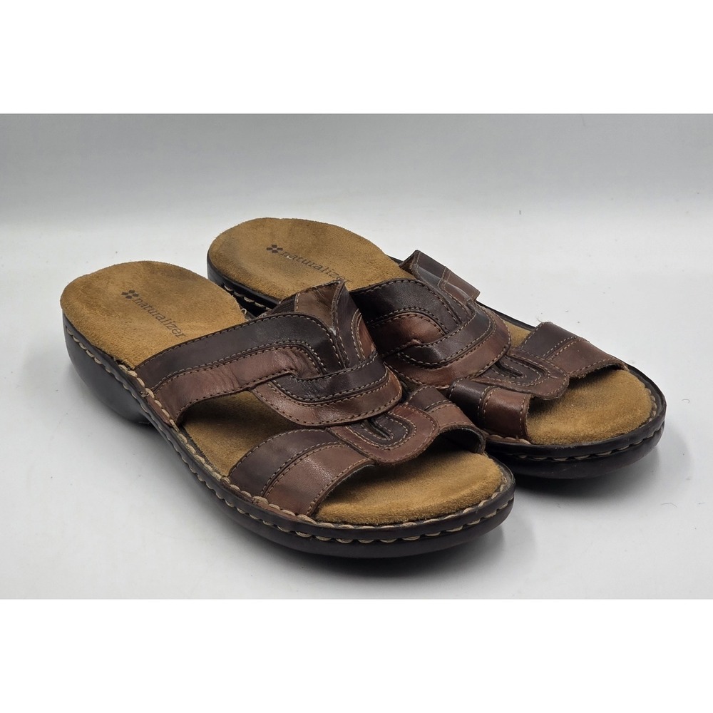 Naturalizer Womens 7.5M Brown Leather Slide Wedge Sandals Comfort Cushioned Open
